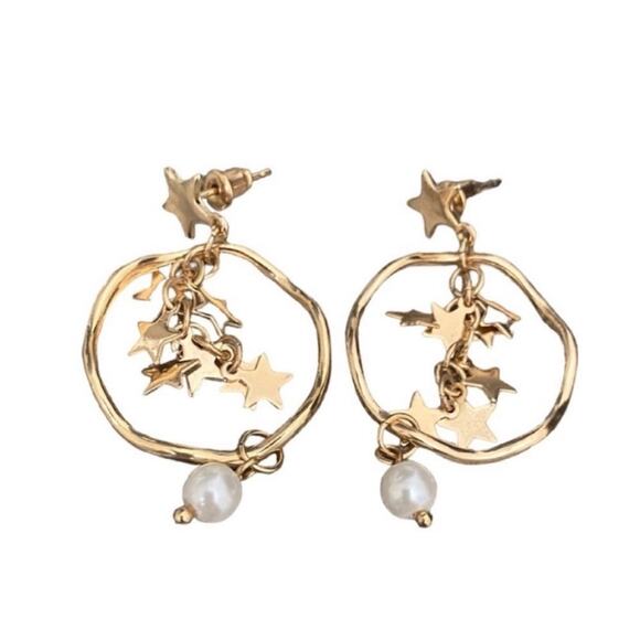 Gold Tone Circle Stars Faux Pearl Dangle Earrings - Picture 1 of 3